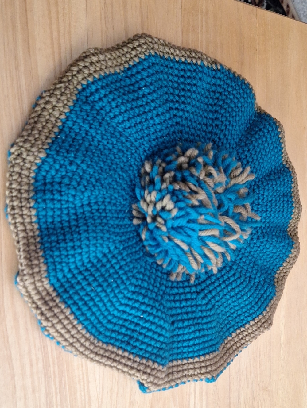 Handmade Pom Pom Beanie - Teal/Green and Tan